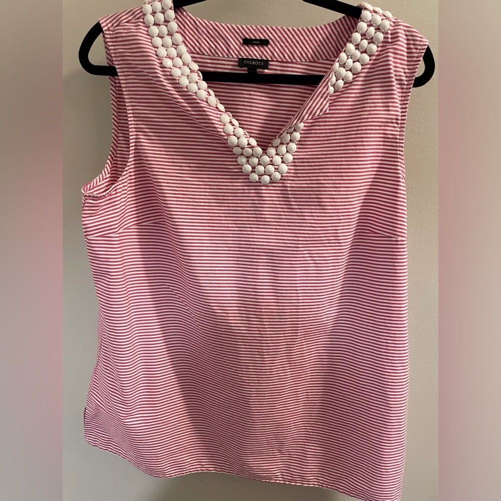 Talbots White and Red Sleeveless Top with Elegant Beading